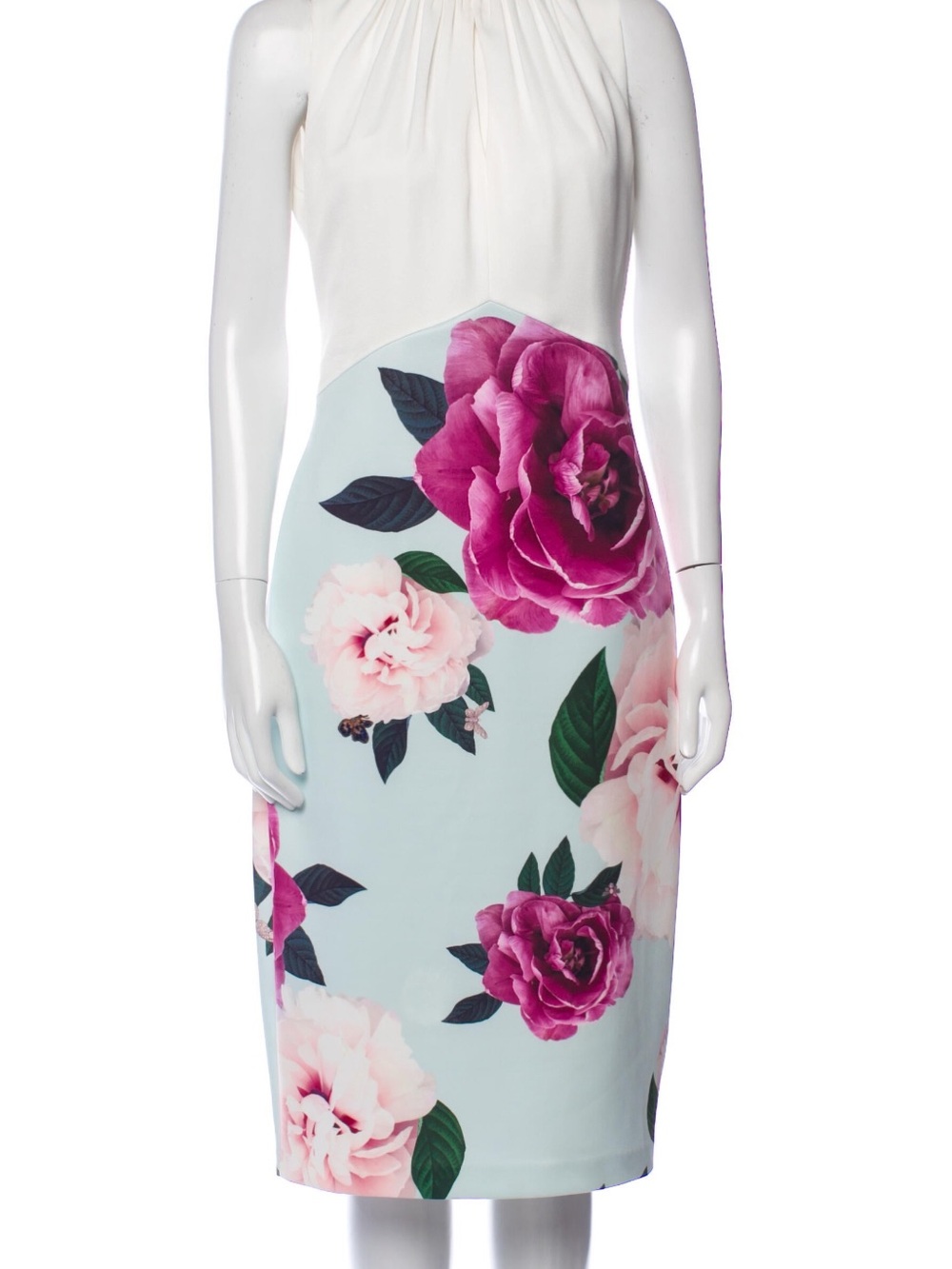 Ted Baker White Halter Midi Dress with Mint and Fuchsia Rose Print